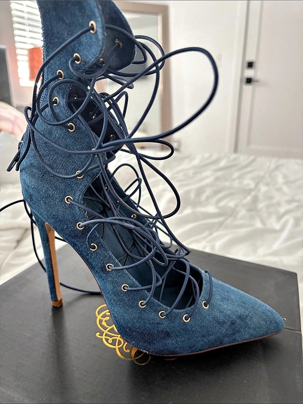 Blue Lace-Up Pointed-Toe Heels